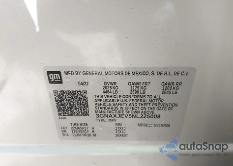 2022 Chevrolet Equinox Fwd 2Fl z USA, uszkodzony, nr VIN 3GNAXJEV5NL225008